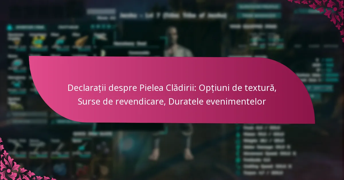 Declarații despre Pielea Clădirii: Opțiuni de textură, Surse de revendicare, Duratele evenimentelor